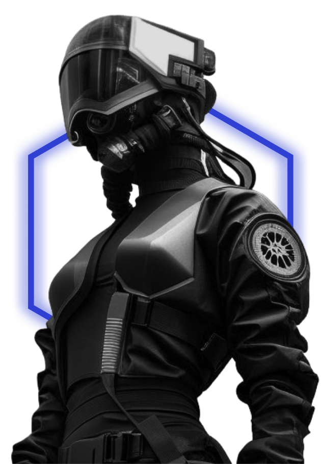 Futuristic character in all black standing in front of a blue outlined polygon